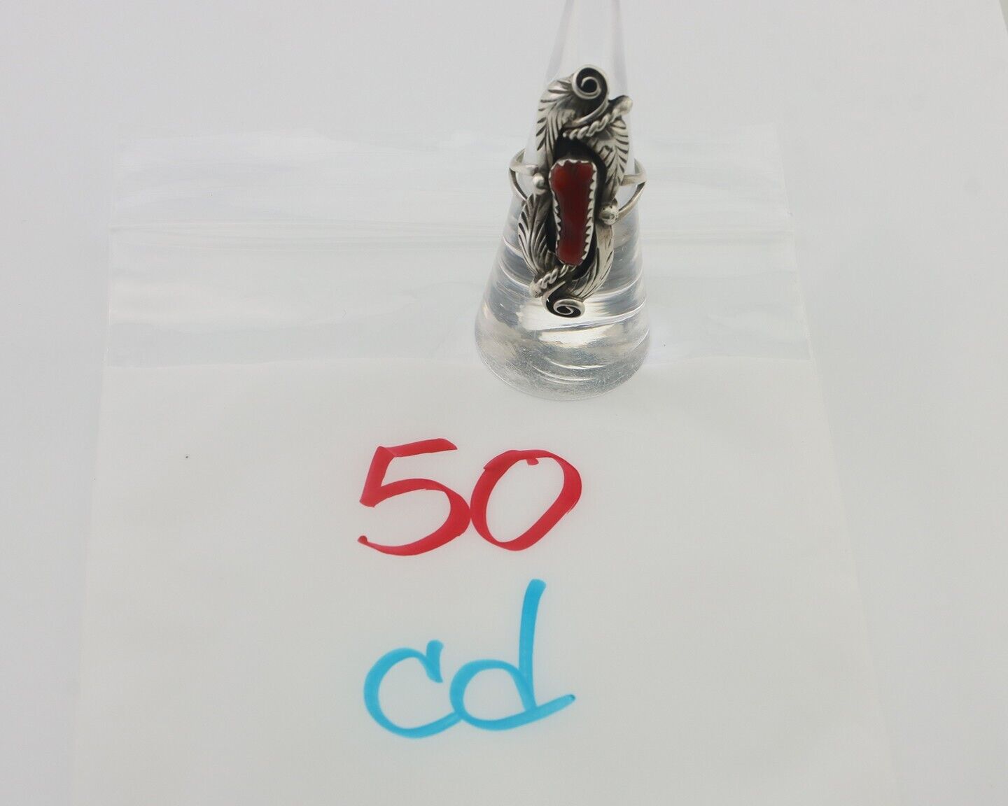 Navajo Handmade Ring 925 Silver Natural Mediterranean Coral Signed Duffy C.80's