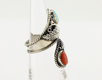 Navajo Adjustable Ring 925 Silver Turquiose & Coral Artist Signed R C.80's