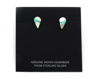 Navajo Earrings Sterling Silver Inlaid Turquoise & MOP Vintage Handmade