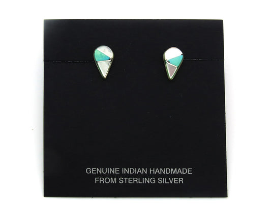 Navajo Earrings Sterling Silver Inlaid Turquoise & MOP Vintage Handmade