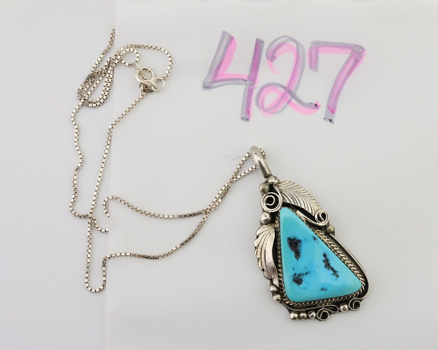 Navajo Necklace Pendant 925 Silver Turquoise Signed Justin Morris C.80's