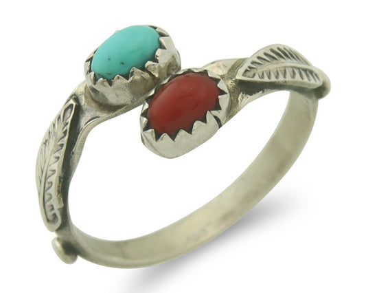 Vintage Navajo Ring 925 Sterling Turquoise & Coral Native Artist Size Size 8.5