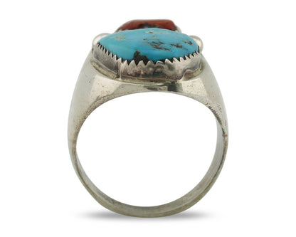 Navajo Ring 925 Silver Sleeping Beauty Turquoise & Coral Native Artist C.80s