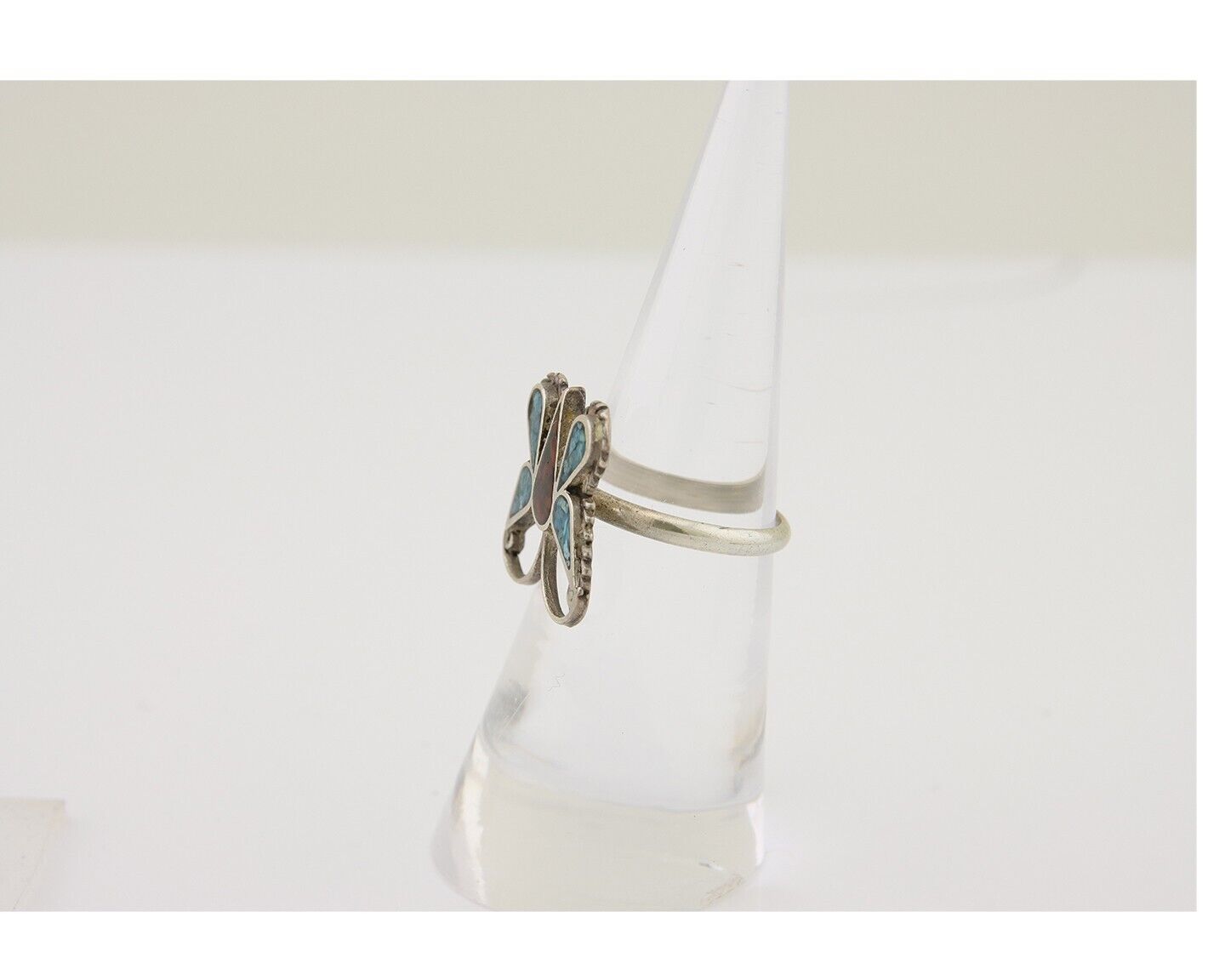 Navajo Handmade Butterfly Ring 925 Silver Coral & Turquoise Native Artist C.80's
