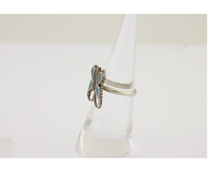 Navajo Handmade Butterfly Ring 925 Silver Coral & Turquoise Native Artist C.80's