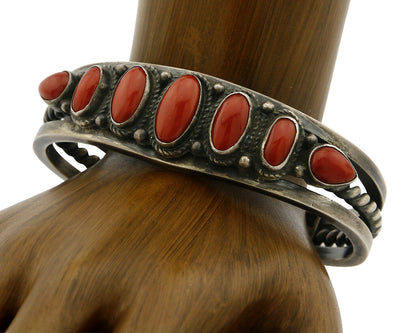 Navajo Bracelet .925 Silver Natural Red Mediterranean Coral Signed S