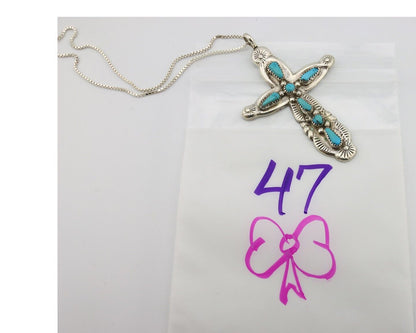 Zuni Cross Pendant 925 Silver SB Turquoise Artist Signed B. IULE C.80's