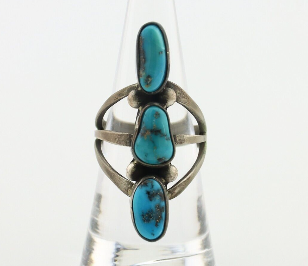 Navajo Ring 925 Silver Natural Blue Turquoise Native American Artist C.80's