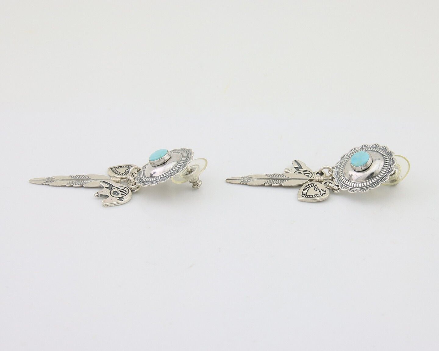 Navajo Concho Dangle Bear Feather Heart Earrings 925 Silver Natural Turquoise