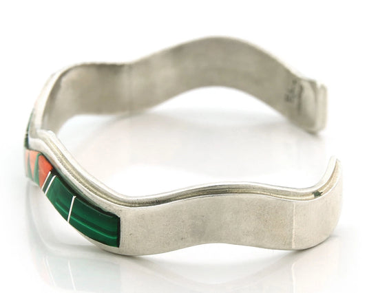 Navajo Cuff Bracelet 925 Sterling Silver Malachite & Oyster Vintage Signed BL