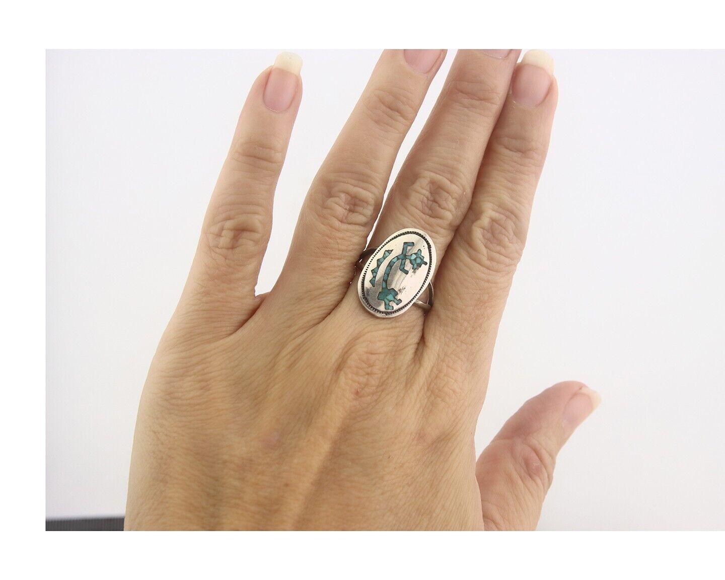 Navajo Ring 925 Sterling Natural Chip Inlay Turquoise C.80's Size 7.0