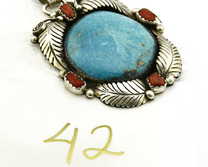 Navajo Natural Turquoise & Red Coral Pendant .925 Silver Signed Gomez C.2005