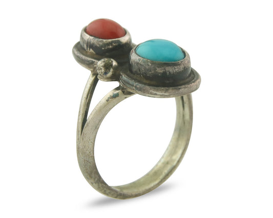 Vintage Navajo Ring 925 Sterling Natural Coral & Turquoise Native Artist Sz 6.0