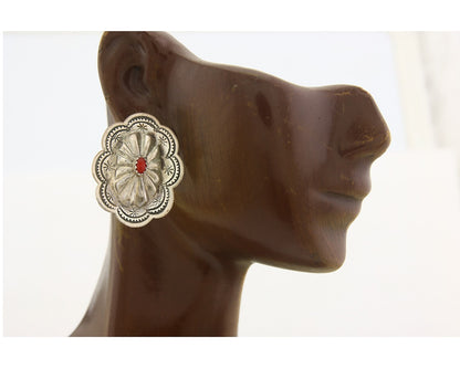 Navajo Earrings 925 Silver Natural Coral Native American Artist C.80's