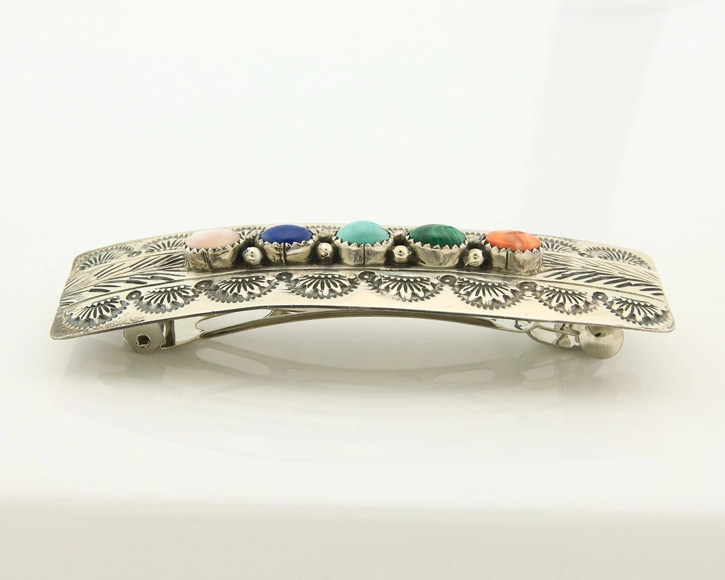 Navajo Barrette Sterling Silver Gemstones Hand Stamped Vintage Native Artist
