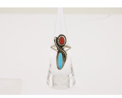 Navajo Handmade Ring 925 Silver Coral & Turquoise Native Artist C.80's