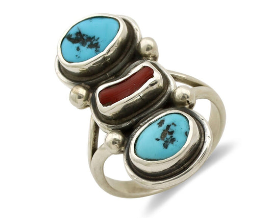 Navajo Ring 925 Silver Sleeping B Turquoise & Coral Native American Artist C.80s