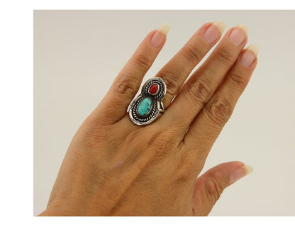 Navajo Handmade Ring 925 Silver Turquoise & Coral Native Artist C.80's