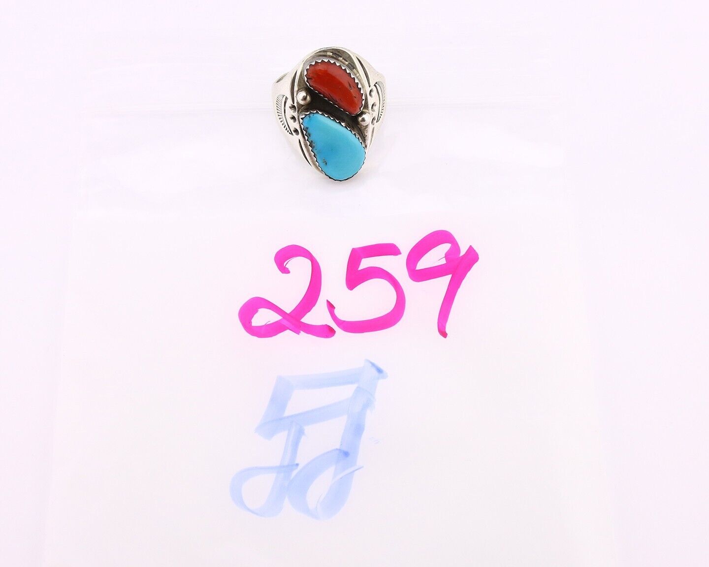 Navajo Ring 925 Silver Sleeping Beauty Turquoise & Coral Native Artist C.80s