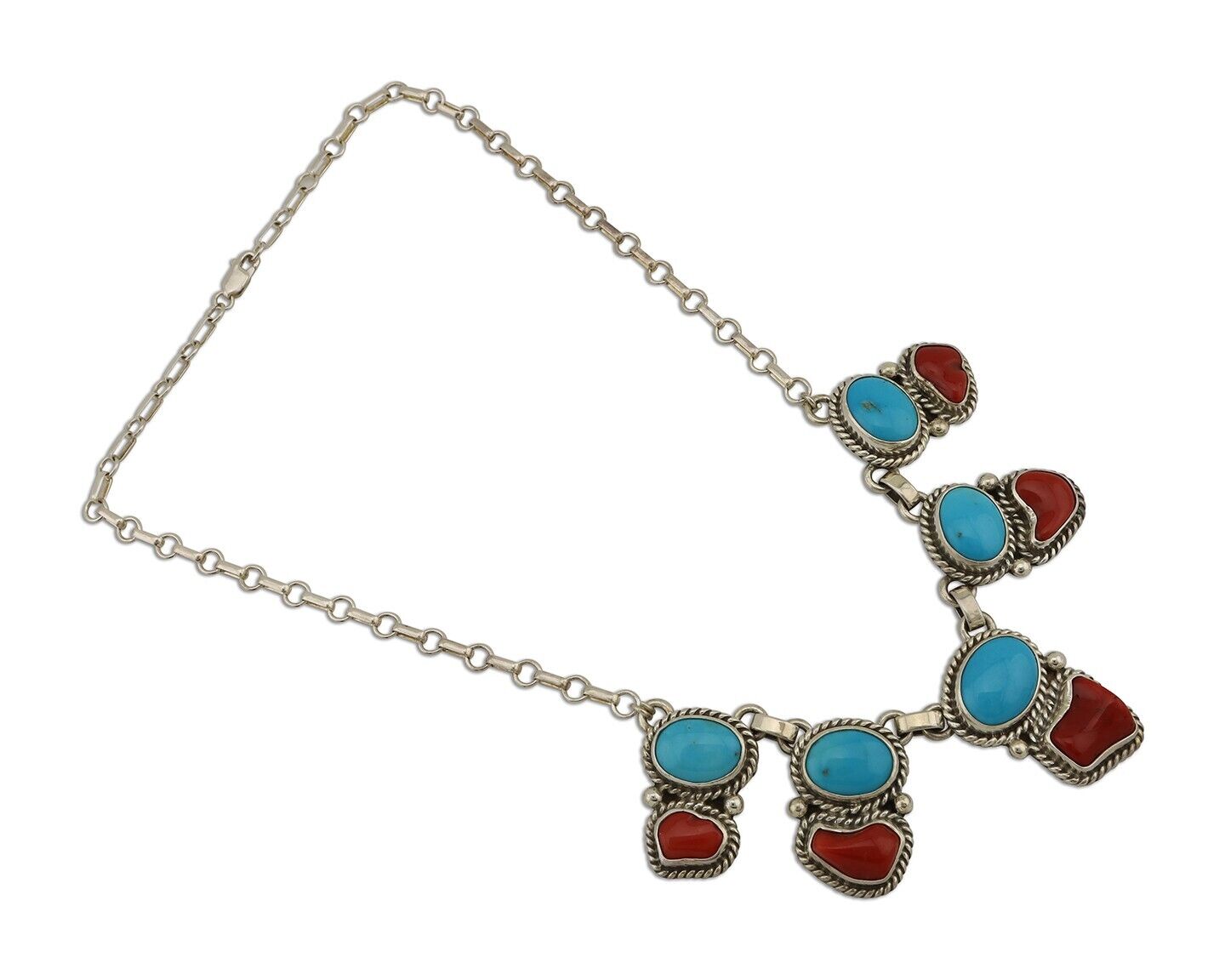 Navajo Necklace 925 Silver Natural Blue Turquoise & Coral Native American C80s