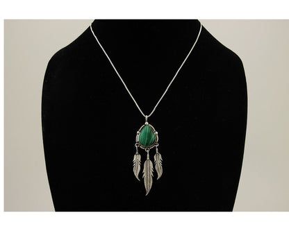 Large Navajo Pendant 925 Silver Natural Malachite Native American Artist C.80's