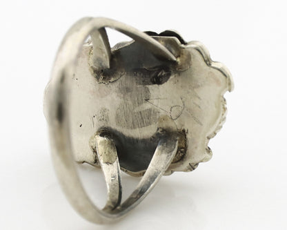 Navajo Ring .925 Silver Morenci Turquoise & Coral Native Artist Signed JM C.80's