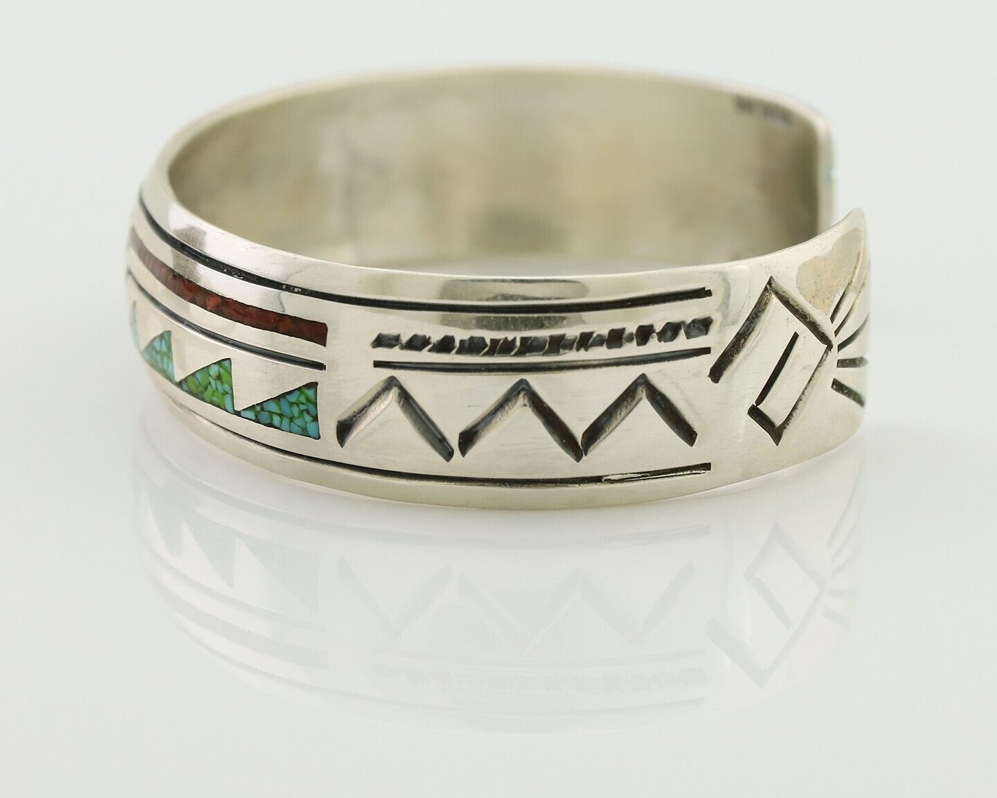 Navajo Inlay Bracelet 925 Silver Turquoise & Coral Signed Stanely Bain C.80's