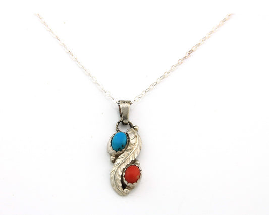 Navajo Necklace Sterling Silver Turquoise Coral Authentic Vintage Native Artist