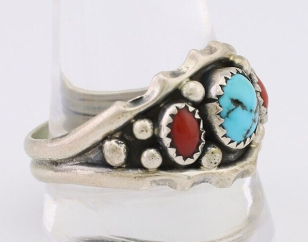 Navajo Ring 925 Silver Coral Turquoise Artist Signed SC C.80's