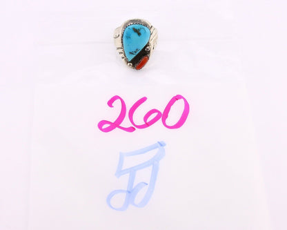 Navajo Ring 925 Silver Sleeping Beauty Turquoise & Coral Native Artist C.80s