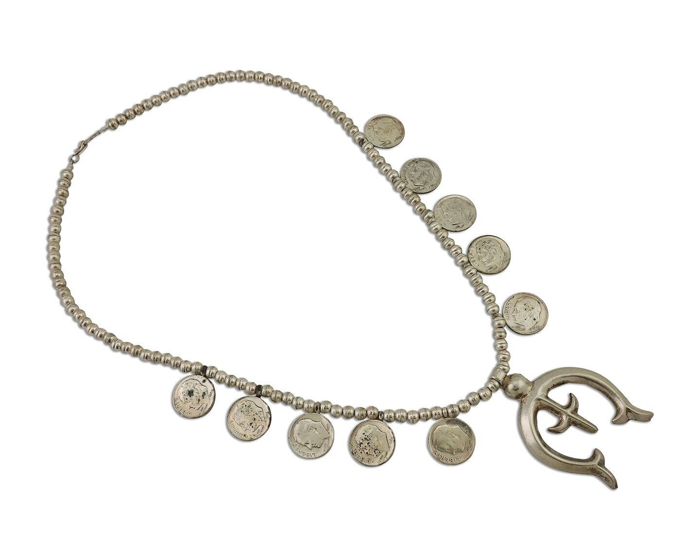 Old Navajo Silver Dime 925 Silver Bead Necklace Native Artist C.80's