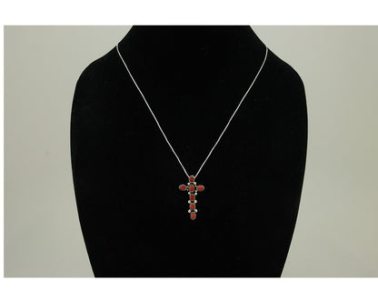 Navajo Cross Necklace 925 Silver Mediterranean Coral Native American Artist C80s