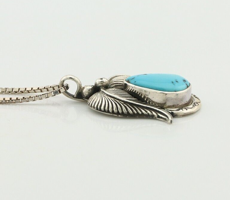 Navajo Necklace 925 Silver Natural Blue Turquoise Signed Bullhead & Feather C80s