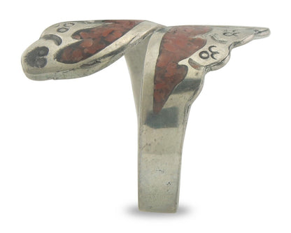 Navajo Ring 925 Silver Inlaid Natural Coral Native Artist C.80's Size 7.0