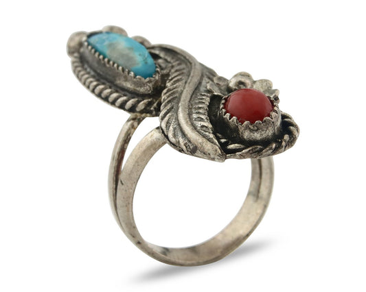 Vintage Navajo Ring 925 Sterling Silver Traditional Authentic Coral & Turquoise