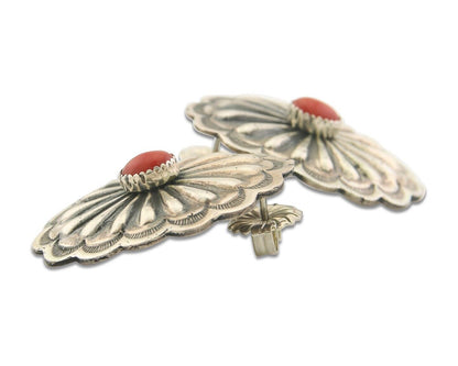 Navajo Earrings 925 Silver Natural Coral Native American Artist C.80's