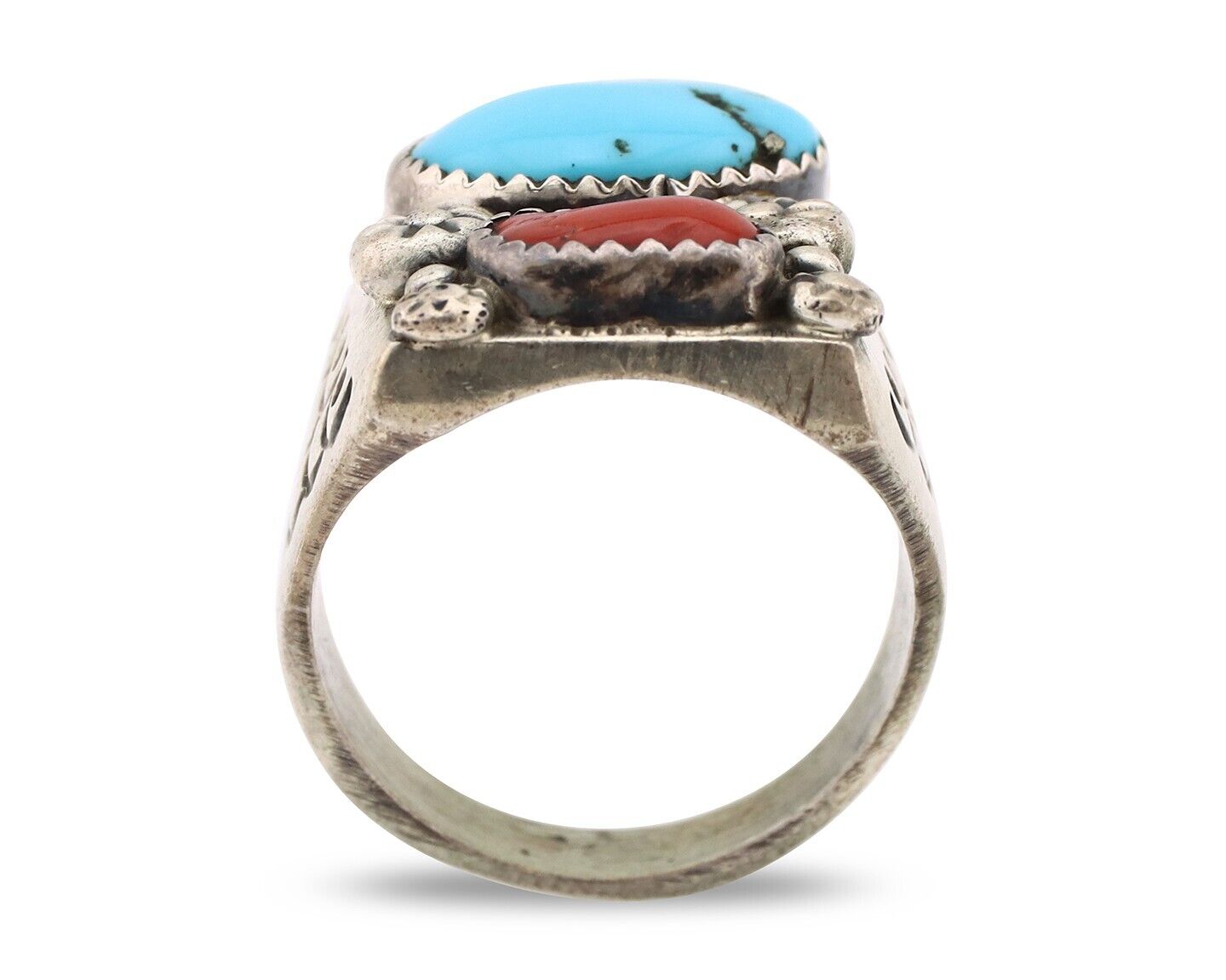 Navajo Ring 925 Silver Sleeping Beauty Turquoise & Coral Native Artist C.80s