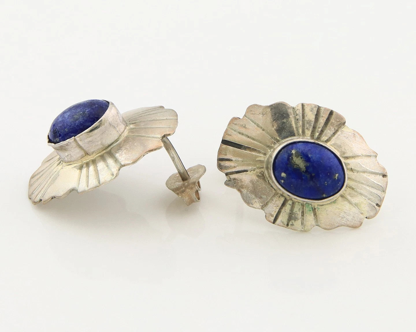 Navajo Concho Earrings Sterling Silver Natural Lapis Vintage Handmade