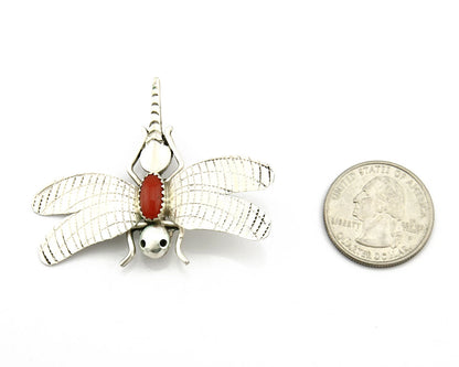 Navajo Pin Pendant .925 Silver Natural Coral Signed Artist Frank Yazzie C.80's
