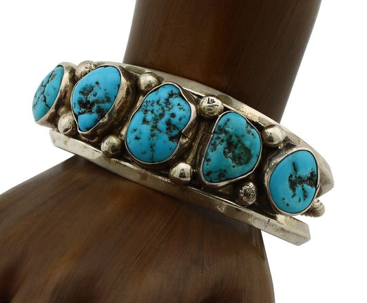 Navajo Bracelet 925 Silver Nugget Sleeping Beauty Turquoise Artist Signed JR C80