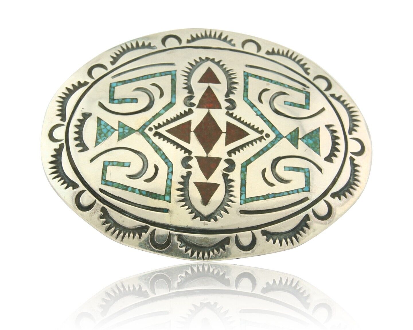 Vintage Navajo Belt Buckle 925 Silver Handmade Inlaid Gemstone Stanely Bain