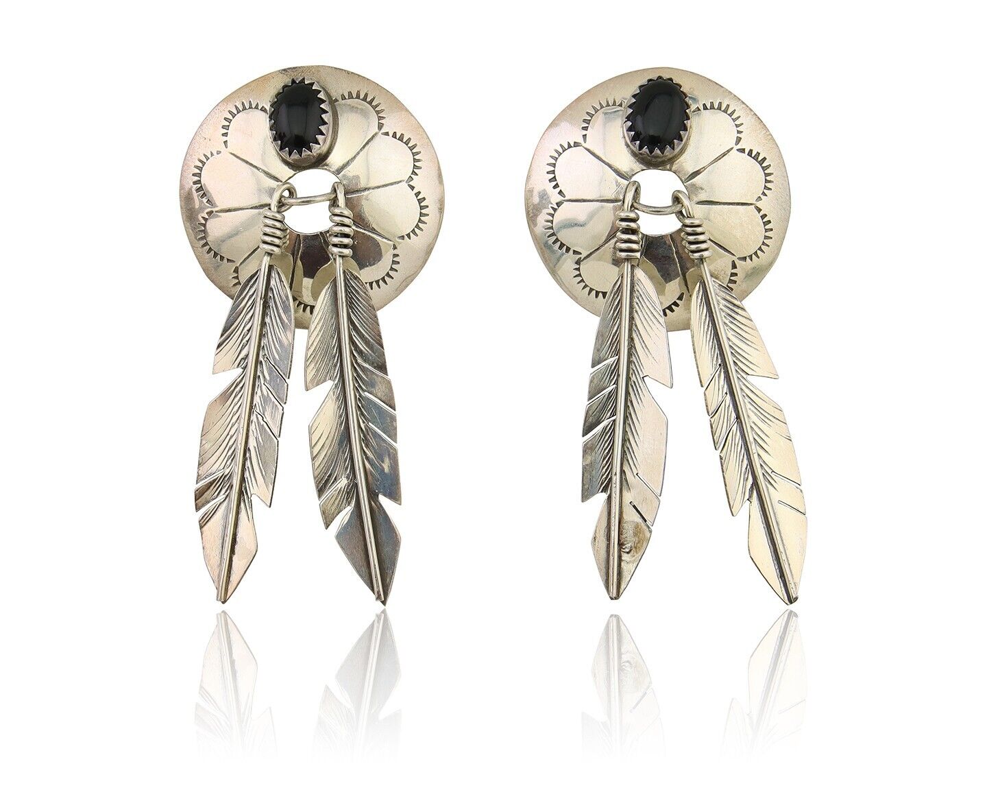 Navajo Handmade Earrings 925 Silver Onyx Native American Artist C.80's