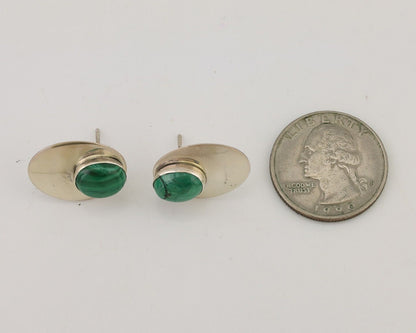 Navajo Shield Earrings 925 Silver Natural Malachite Signed Ella Peters C.80's