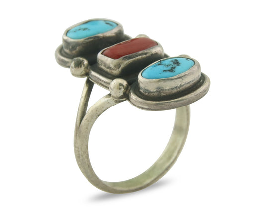 Vintage Navajo Ring 925 Sterling Natural Coral & Turquoise Native Artist Sz 8.0