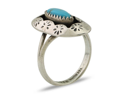 Navajo Ring 925 Silver Natural Blue Turquoise Signed IJC C.80's