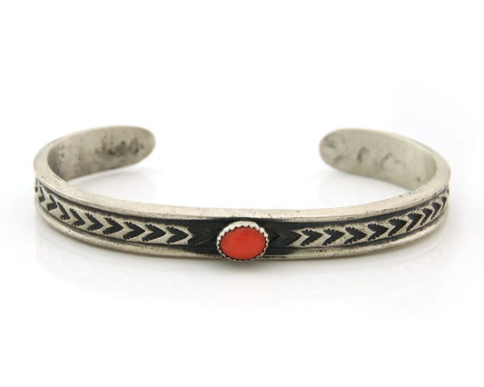 Navajo Cuff Bracelet Sterling Silver Vintage Coral Hand Stamped Native Artist