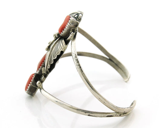 Navajo Cuff Bracelet 925 Sterling Silver Natural Coral Vintage Hamdmade