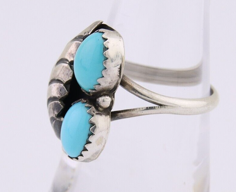 Navajo Handmade Ring 925 Silver Natural Turquoise Signed SS C.80's
