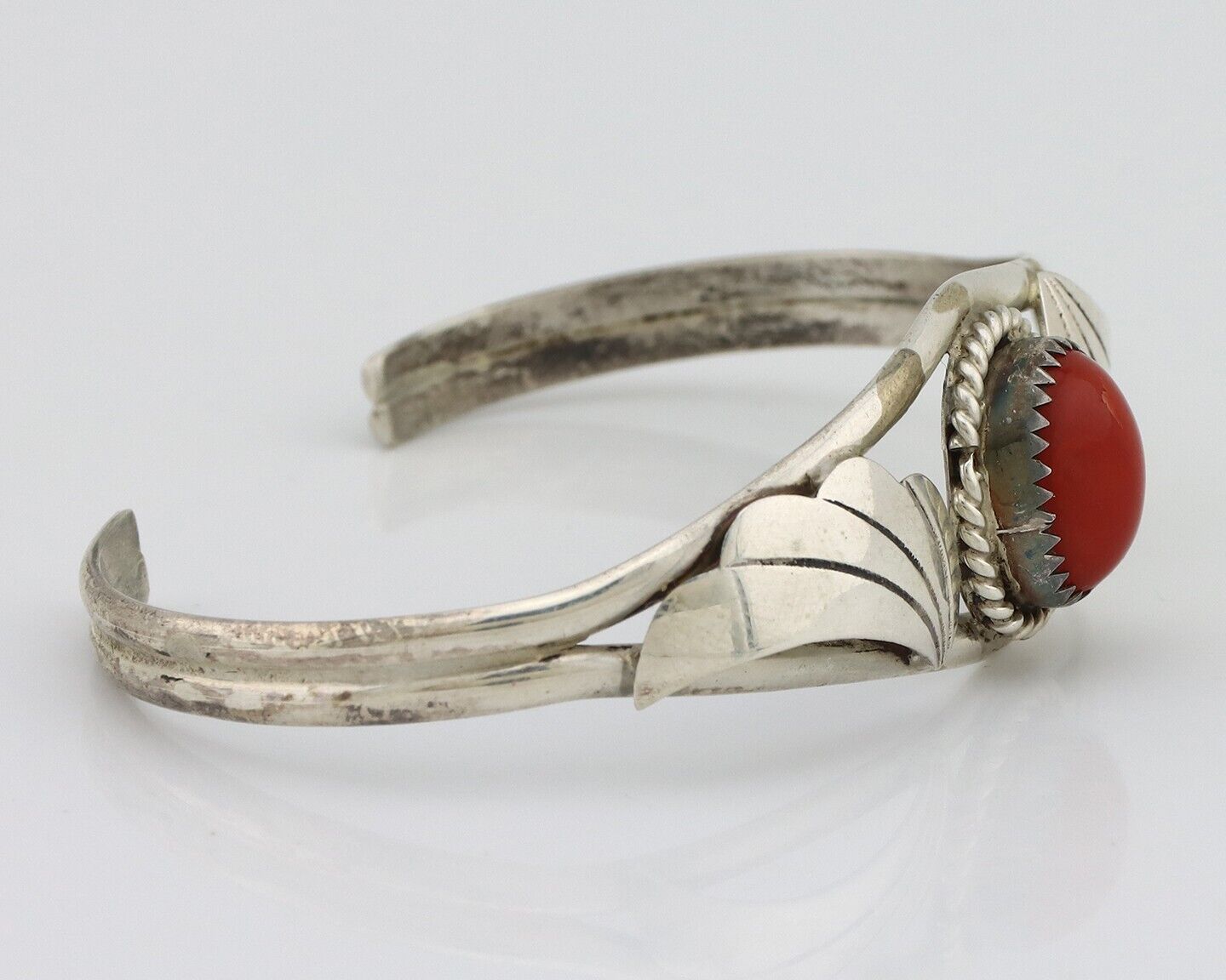 Navajo Bracelet 925 Silver Natural Red Coral Artist Signed Henry Sam 1980's