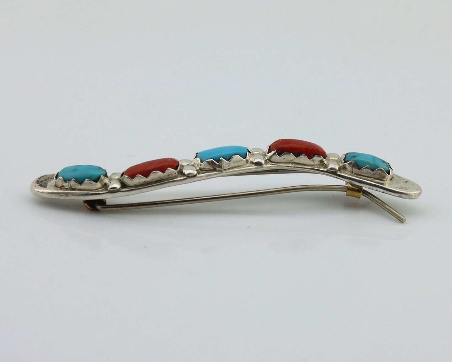 Women's Zuni Hair Clip Barrette 925 Silver Coral & Turquoise Signed B&N NASTACIO